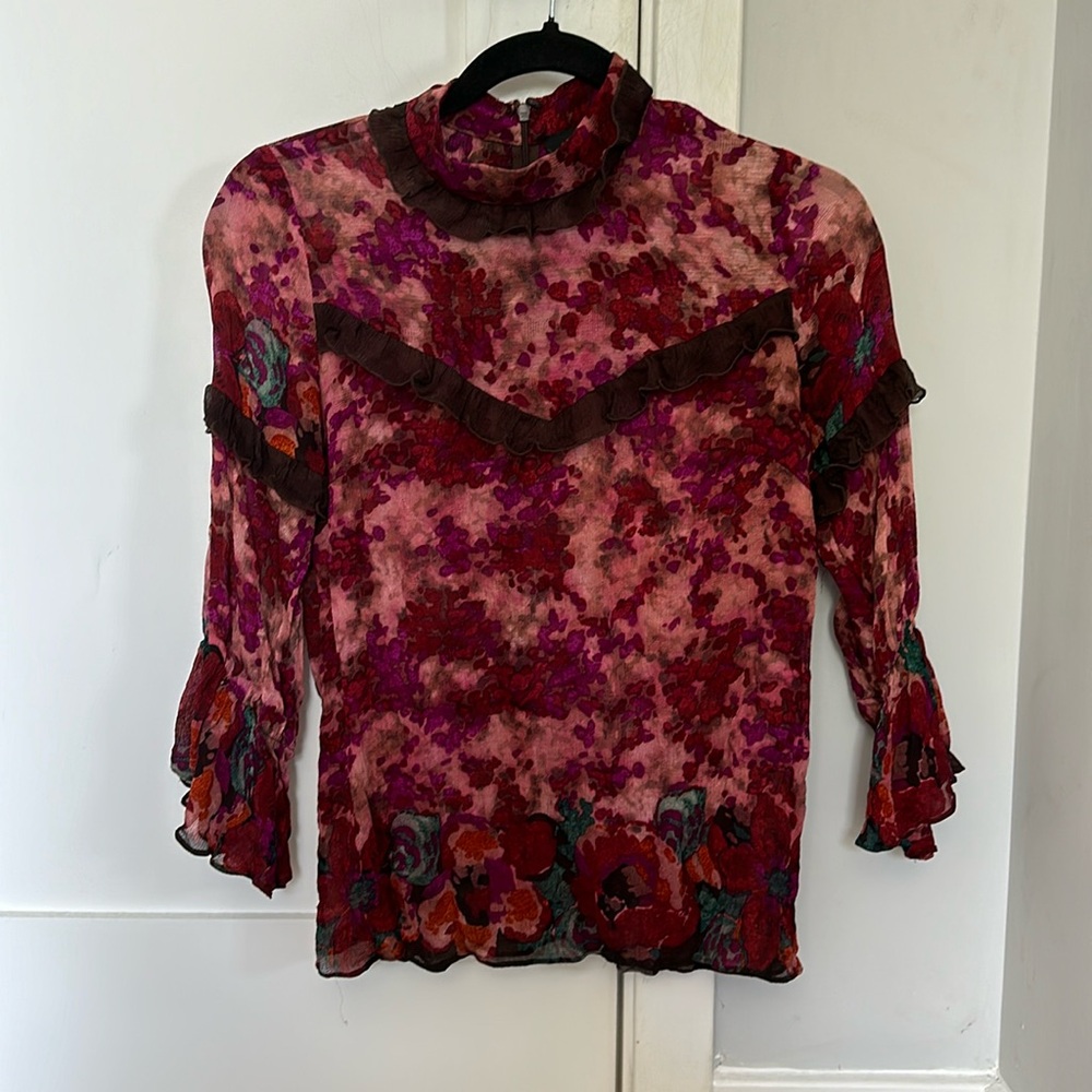 Anna Sui three quarter sleeve top. 100 percent silk